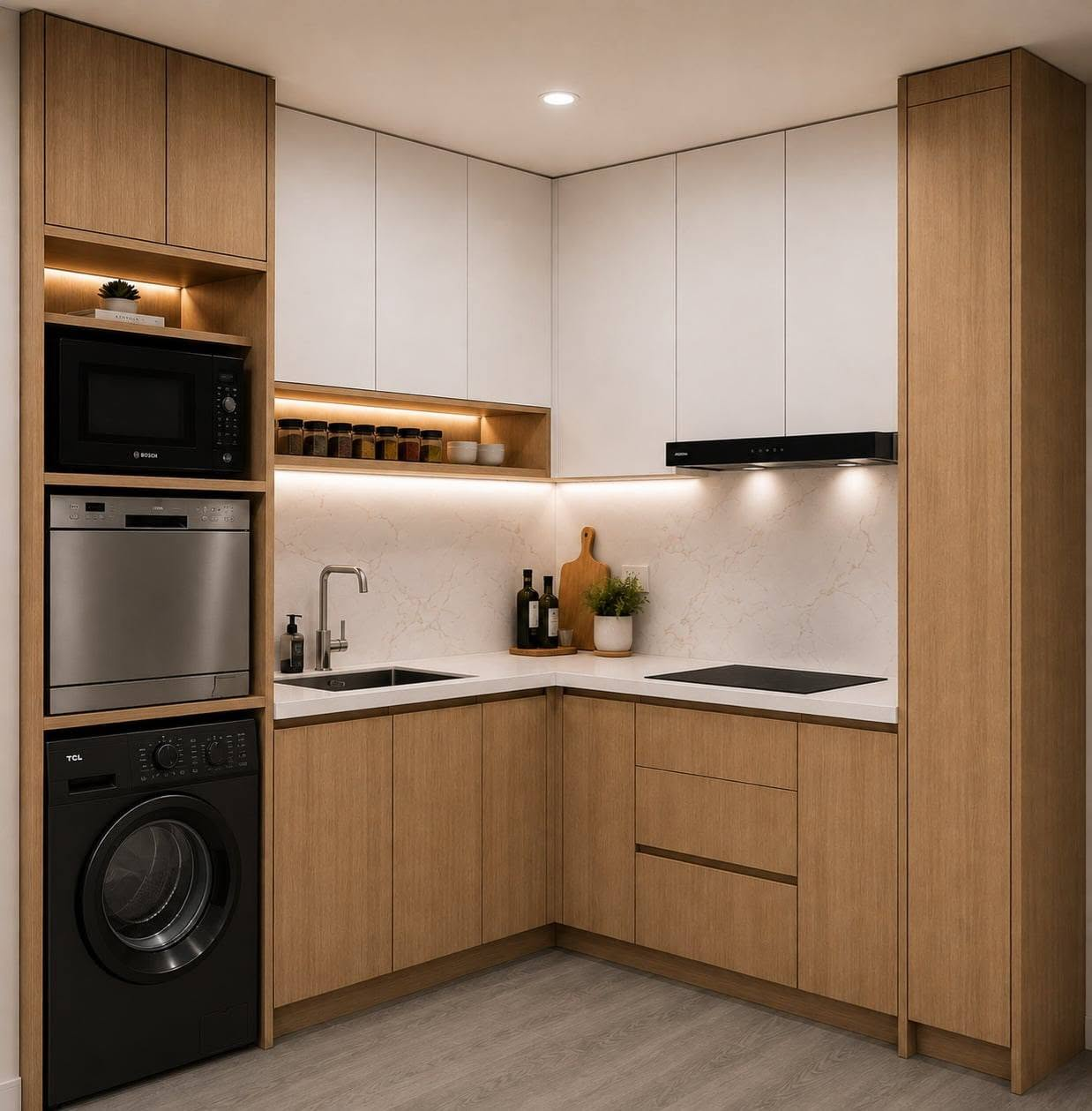 Compact wood-finish kitchen cabinet build.